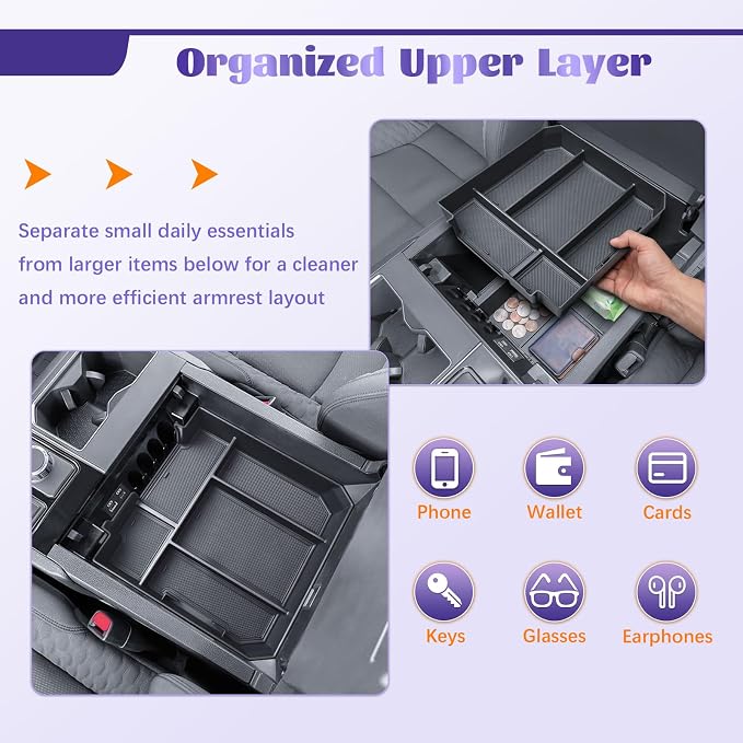 RUNROAD Center Console Organizer Tray Compatible with 2022 2023 2024 2025 2026 Toyota Tundra Platinum 1794 TRD PRO Capstone & 2023-2026 Sequoia Accessories, Insert Armrest Tray for Tundra Rubber Mats