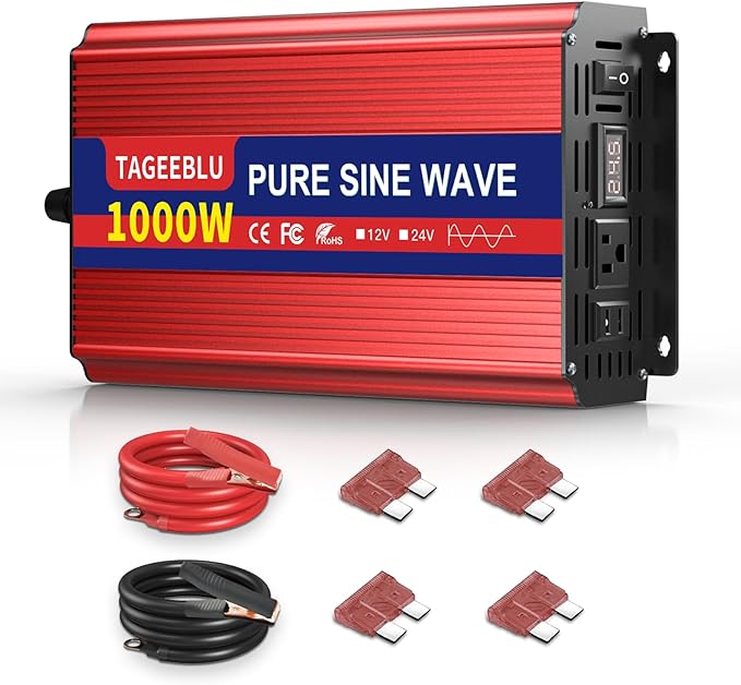 1000W Pure Sine Wave Inverter - 2000W Surge Peak, 24V DC to 110V AC Heavy Duty Power Inverter for RV, Truck, Home, Solar, Off-Grid, Outdoor, Car Converter with Dual AC Outlets and LCD Display