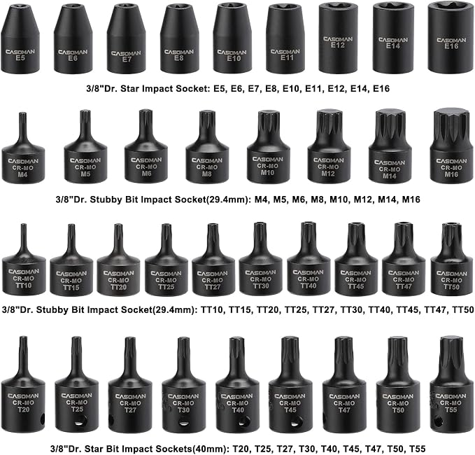 CASOMAN 84 Pieces 3/8" Dr. Master Hex & Torx Bit Impact Socket Set, CR-MO, SAE/Metric, Impact Grade, 3/8" Drive Allen Bit Socket Set
