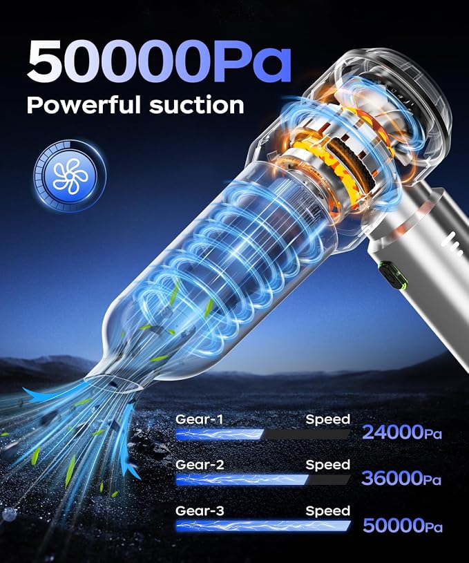 VNOST Car Vacuum,3 Suction Modes,Portable Mini Cordless Cleaner with 50000pa Suction Power,Type-C Charge,Handheld Vacuum for Home,Car,Birthday Gifts for Men Dad(Silver)