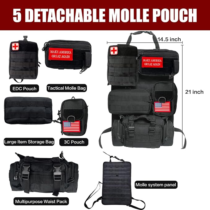 Tactical Car Seat Back Organizer,Tactical Molle Seat Back Organizer with 5 Detachable Molle Pouch,Velcro Label Can Be Removed,Universal Fits for Car Truck Jeep Vehicle