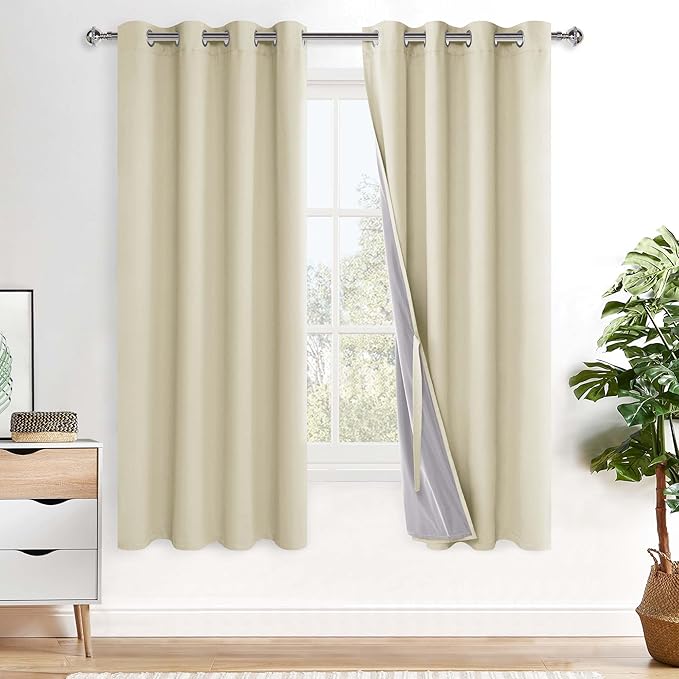 XWZO Total Blackout Curtains 72 Inches Long - Double Layer Full Light Blocking & Energy Efficiency Grommet Window Panels with Tiebacks for Bedroom/Living Room, Beige, W52 x L72, Set of 2