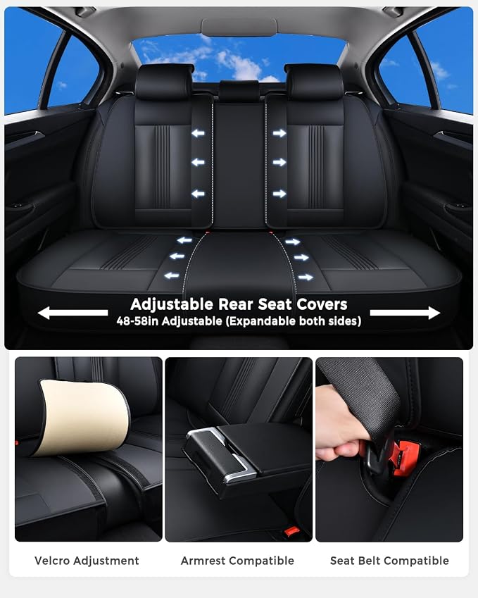 Huidasource Seat Covers, Car Seat Covers Nappa Leather with Lumbar Support, Side Elastic Fabric, Velcro Adjustable, Airbag, Ventilation Heating Child Seat Universal Fit for Most Cars SUV Trucks, Black