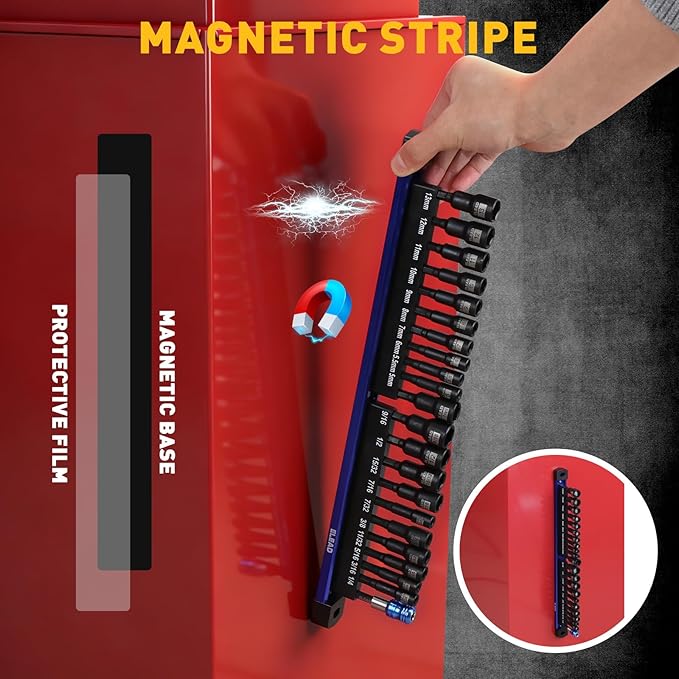 22-Piece Magnetic Nut Driver Set, Metric & SAE (5-13mm & 1/4"-9/16"), 65mm Long, 1/4" Hex Shank Drill Socket Set, Wing Nut-Driver Bit, Quick-change Extension, Magnetic Aluminum Storage Rail