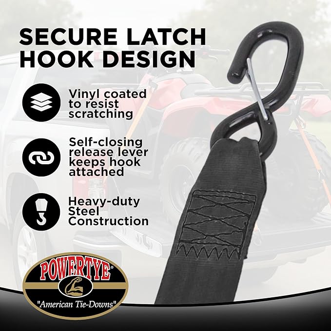 PowerTye - 2 inch x 10ft Long Retractable Ratchet Tie Down Strap with Latch-Hooks - Self-Retracting Ratchet, 800 lb W.L.L., Ideal for Motorcycle, ATV, Cargo, Includes Bag & Soft-Tyes, Blue (Pair)