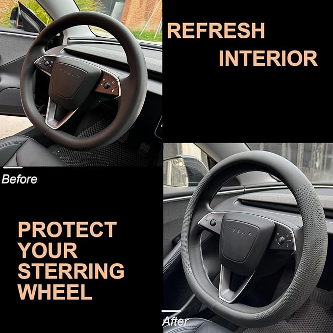 PINCTROT Nappa Leather Steering Wheel Cover for Tesla Model Y/3 Highland/Juniper, D Shaped 14 Inch Small Sized with Breathable Perforation, Fit Like Gloves, Flat Bottom 14 Inch(Nappa Dark Gray)