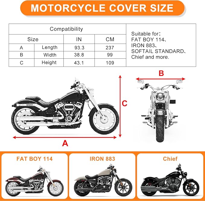 Waterproof Motorcycle Cover Replace for Harley Davidson Cruiser Iron 883/FAT BOY 114/HERITAGE Classic 114 with Anti-Theft Lock Hole & Reflective Strips for Outdoor Rain Snow Protection(86-94in)