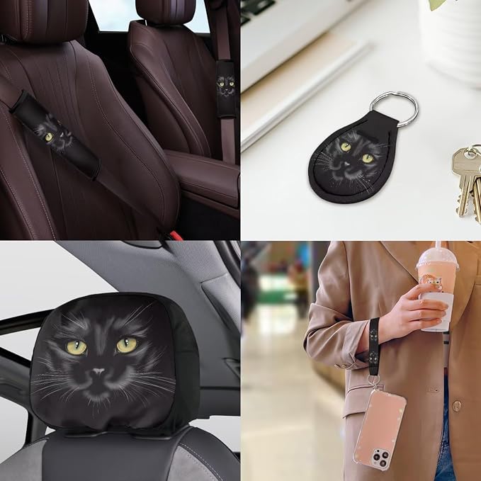 18 Pcs Black Cat Car Seat Covers Full Set Animal Cat Car Interior Accessories Full Set for Women Men Universal Car Seat Belt Pads Cover Car Trash Can Car Headrest Covers Cup Holder Coasters