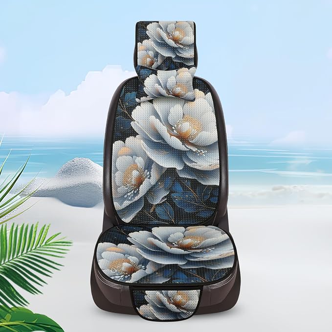 Luxury Boho Car Seat Covers Set,5-Seat Full Set with Headrest,White Peony Vintage Bohemian Floral Pattern Honeycomb Knit Fabric,Breathable&All-Season Universal Automotive Seat Protectors