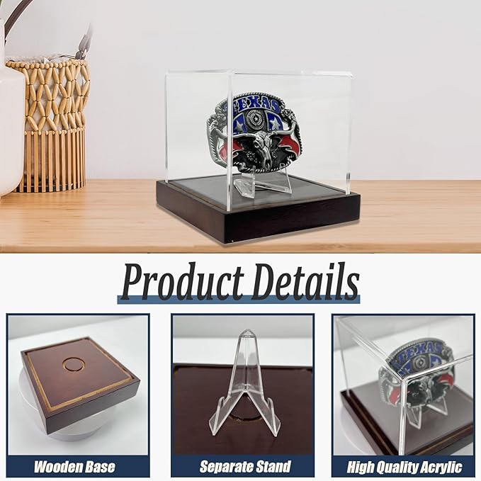 Belt Buckle Display Case - 4"x4"x3.5" Clear Acrylic Box with Solid Wood Base & Stand - UV Protected, Dust-Resistant - for Coins, Watches, Medals, Cards