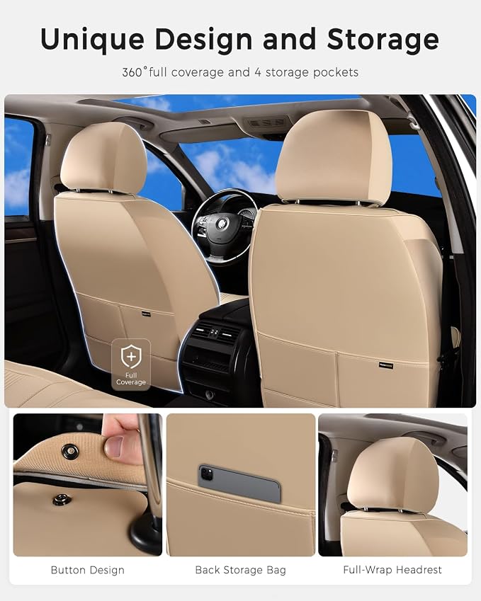 Huidasource Beige Seat Covers, Nappa Leather Car Seat Cover with Lumbar Support, Ventilation Holes, Velcro Adjustable, Airbag, Full-Coverage Seat Covers, Universal Fit for Most Cars SUV Trucks, Beige