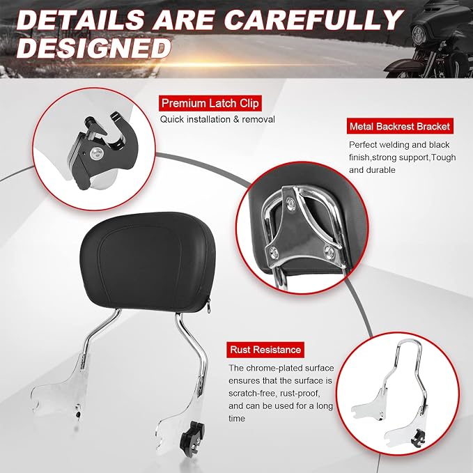 AUFER Detachable Backrest Sissy Bar Upright Passenger Backrest w/Back Rest Pad Compatible With For Touring Road King Electra Glide Street Glide Road Glide FLHR FLHX FLHT FLTR 1997-2008（Chrome）