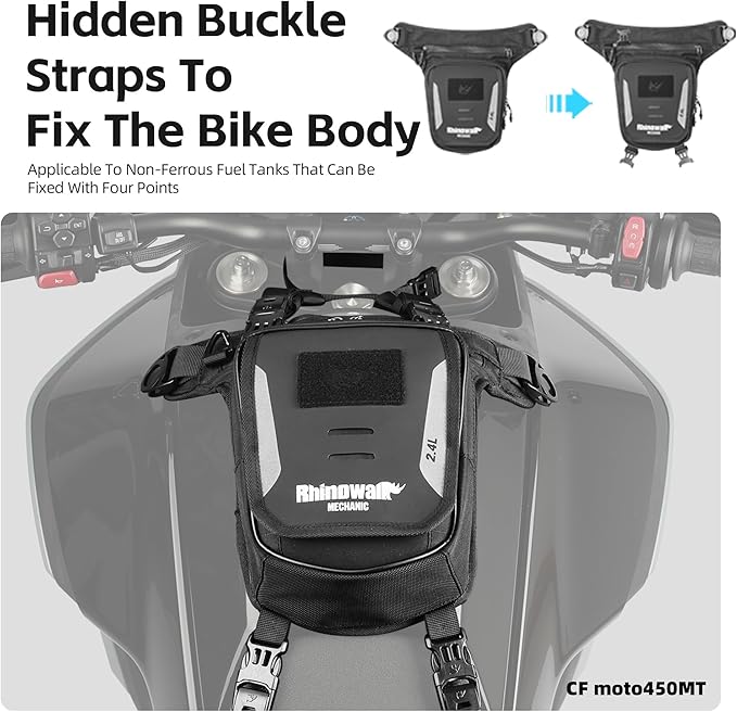 Rhinowalk Motorcycle Fuel Tank Bag – 2.4L Strap-On Motorbike Leg Bag, Chest or Waist Pouch – Water-Resistant with Phone Pocket, Rain Cover, and Adjustable Straps – (without Magnetic)