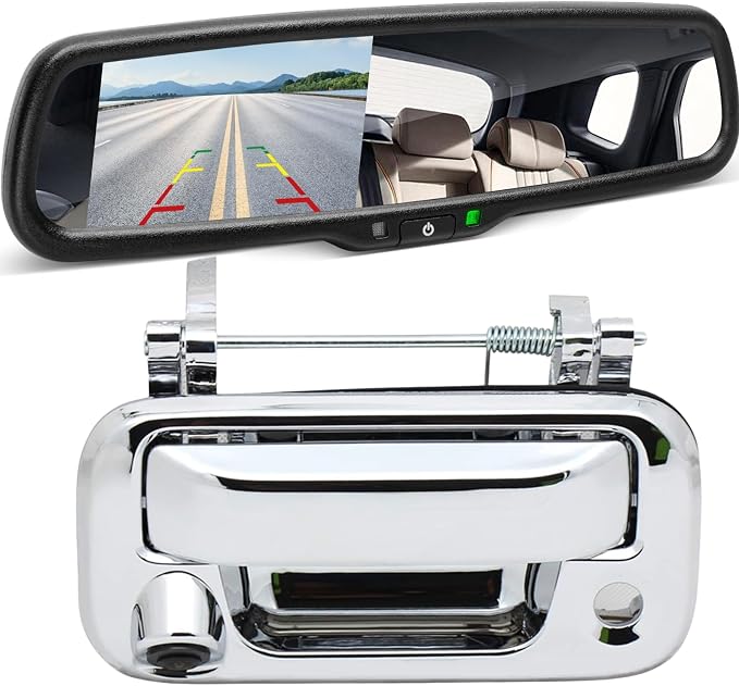 EWAY Tailgate Latch Handle Chrome Backup Reverse Camera with 4.3" Rear View Mirror Monitor Kit for 2004-2016 Ford F150 F250 F350 F450 F550 Super Duty, Rearview Reversing Interior Mirror Replacement
