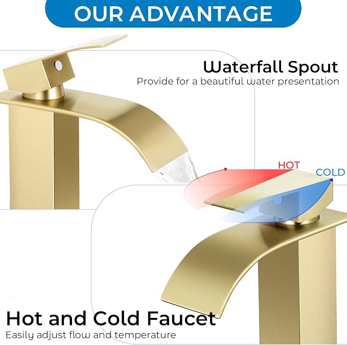 Brushed Gold Bathroom Faucets *2, Waterfall Bathroom Sink Faucet Modern Single Handle Bathroom Faucte 1 or 3 Hole, RV Mixer Tap Vanity Faucet - Includes Pop-up Drain