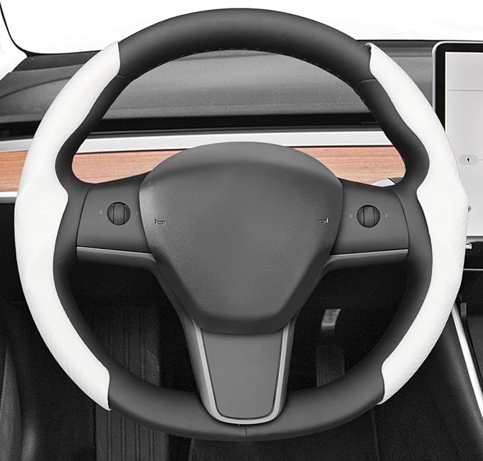Mewant Custom-Fit Steering Wheel Cover for Tesla, Telsa Model 3 / Y Carbon Fiber Segmented Steering Wheel Cover for Men/Women, Anti-Slip, Comfortable, Model 3 / Y Accessories (White)