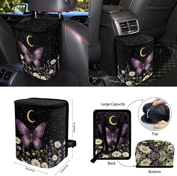 15 Pcs Moon Butterfly Auto Interior Accessories Car Seat Covers with Auto Steering Wheel Cover Seat Belt Covers Car Trash Can View Mirror Cover Coaster Keychains
