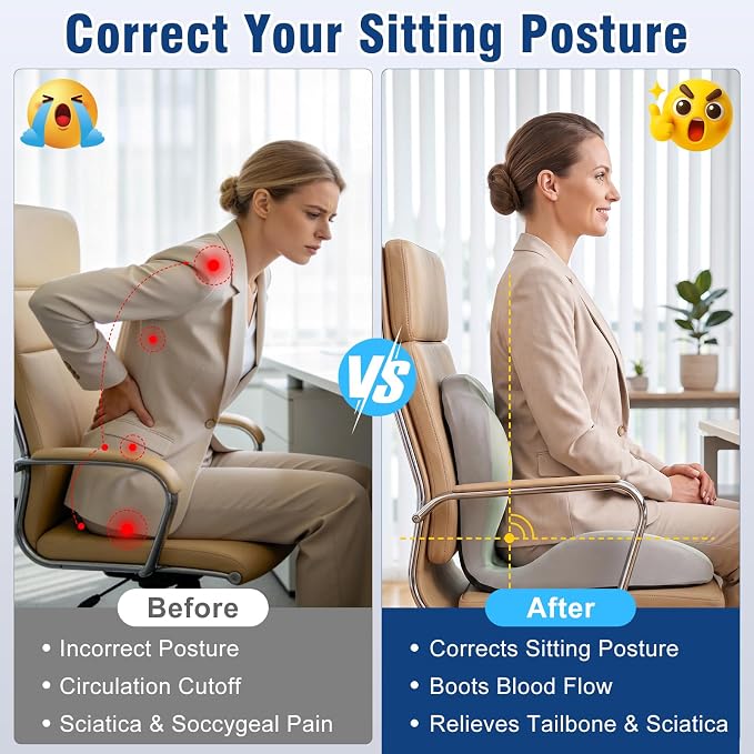 Car Seat Cushion with Lumbar Support Pillow, Memory Foam Office Chair Cushion for Back Pain Sciatica Pain Relief, Ergonomic L-Shaped Seat Cushion for Car Truck Driving Office Chair Home (Green Gray)