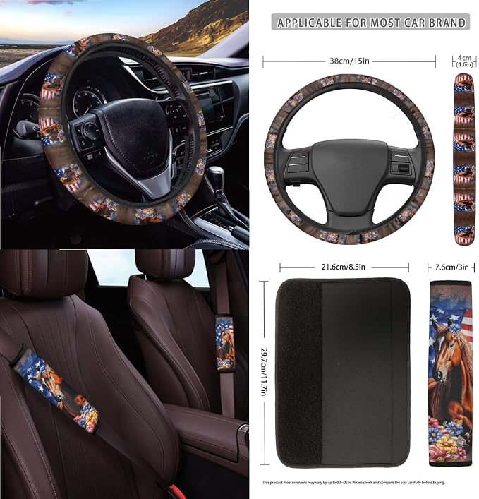 Horse American Flag Daisy Print Car 15pcs Accessories, Front and Back Seat Covers for Cars Steering Wheel Cover Seat Belt Cover Trash Can Coasters Universal Fit