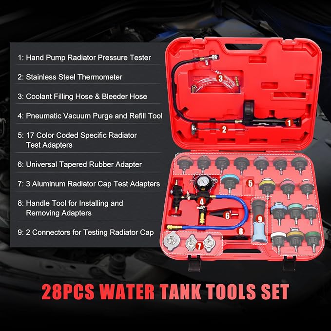 JIFETOR Cooling System Vacuum Purge Radiator Coolant Refill Tool Kit Universal Automotive Water Tank Pneumatic Vacuum Antifreeze Change Filler Set with Adapter Case Hose for Car SUV Truck