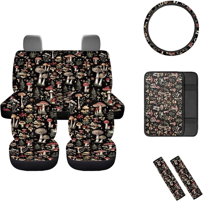Mumeson Mushroom Car Accessories Car Front and Rear Seat Covers Protector with Steering Wheel Cover + Seat Belt Covers Shoulder Pads + Car Armrest Cushion Pad 8 Pack Set Car Accessories