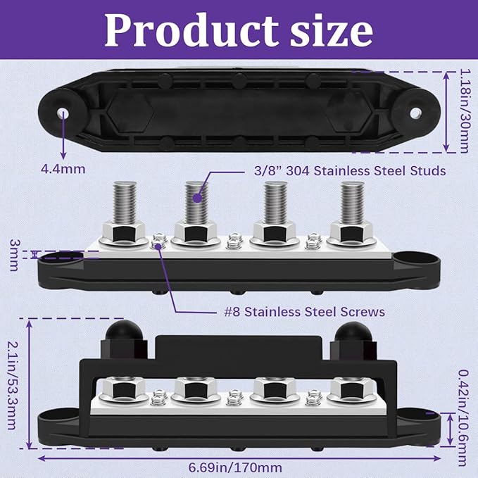 250A 12V Bus Bar Marine 12V,Power Distribution Block with Cover with 4 x 3/8”Post 6 x #8 Screws Terminals,Battery Bus Bar with 4PCS Battery Lugs and 4PCS Heat Shrink Tubing for Car Boat Solar Wiring