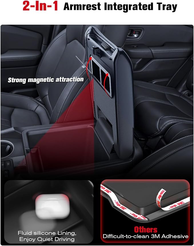for 2023~2026 Honda Pilot/2024~2026 Passport&Ridgeline 2-in-1 Silicone Center Console Armrest Cover& Armrest Hidden Privacy Tray - [OEM Design& Friendly Liquid Silicone Rubber] - Thin Black