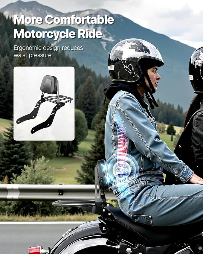VEVOR Motorcycle Backrest Sissy Bar with Luggage Rack, Compatible with Honda Rebel CMX 1100 2021-2022, 18-Inch Height, Removable Passenger Backrest, Durable Metal Frame with Leather Pad, Black