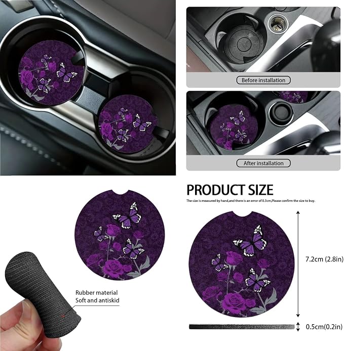 Butterfly Rose Print Car Interior Covers Full Set of 15 Decorative Car Front Rear Seat Covers Steering Wheel Cover Safety Belt Pads Rearview Mirror Cover Garbage Bag Keychain