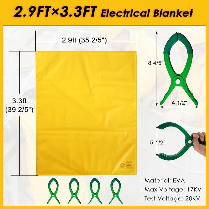 Voltage Insulating Blanket 10KV, High/Low Voltage Electrical Safety Blanket with 4 Pcs Insulation Clamp, for Around Substations Lineman, Yellow (2.9ft×3.3ft (35 2/5" × 39 2/5"))