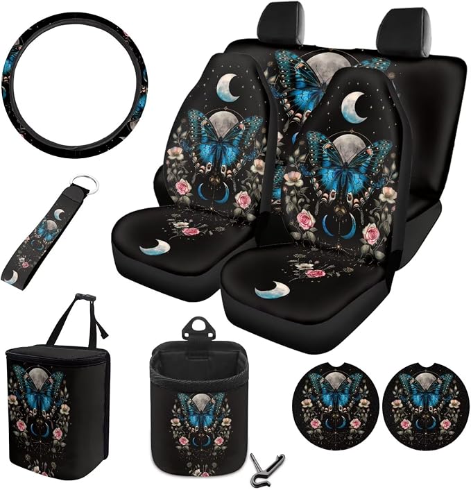Butterfly Moon Daisy Rose Print Car Accessories Set of 10 Front and Back Seat Covers Cup Coasters Car Trash Bin Steering Wheel Cover Keychain Air Vent Storage Bag Univeral Fit