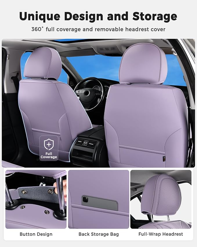 Huidasource Purple Front Seat Cover Luxury Nappa Leather, Front Car Seat Cover with Airbag, Front Storage Pocket, Lumbar Support, Cooling＆Heating, Universal Fit for Most Cars SUV Trucks, Purple
