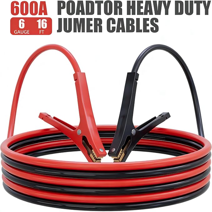 Jumper Cables for Car Battery, 6 Gauge 16 Feet 600AMP, Automotive BoosterCables for Jump Starting Dead or Weak Batteries with Carrying Bag Included
