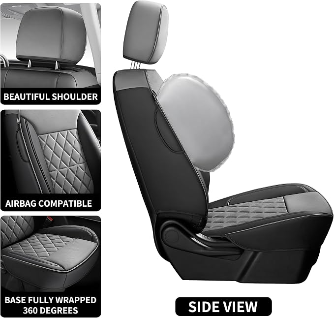 Custom Napa Leather Seat Covers for Chevy Silverado & GMC Sierra Crew Cab, 46-Split Flat Rear Bench Design, Compatible with 2019-2026 1500 and 2020-2026 2500HD 3500HD(Full Set, Black&Gray)