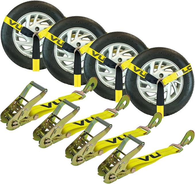 VULCAN Car Tie Down - Twisted Snap Hooks - Lasso Style - 2 Inch x 96 Inch - 4 Pack - Classic Yellow - 3,300 Pound Safe Working Load