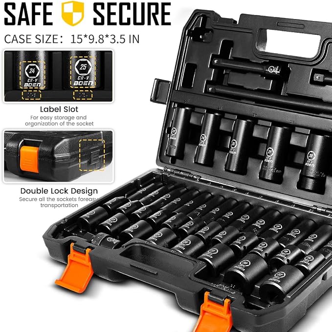 boen 45PCS 1/2” Drive Metric Socket Set+14PCS Pivoting Magnetic Bit Holder with Screwdriver Bits