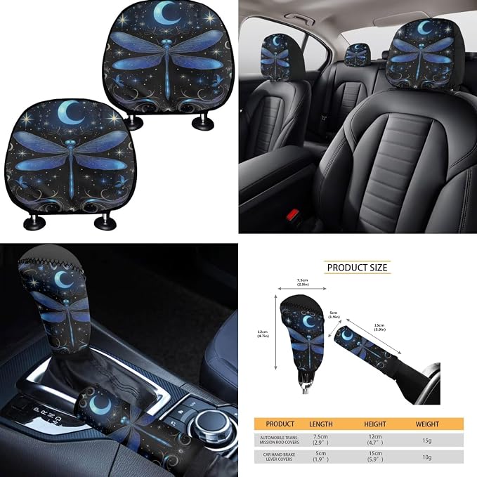 Moon Dragonfly Car Seat Covers Full Set 15 Pcs Universal Car Accessories Steering Wheel Cover Seat Belt Pads Garbage Bag Car Headrest Pillow Covers Armrest Pad