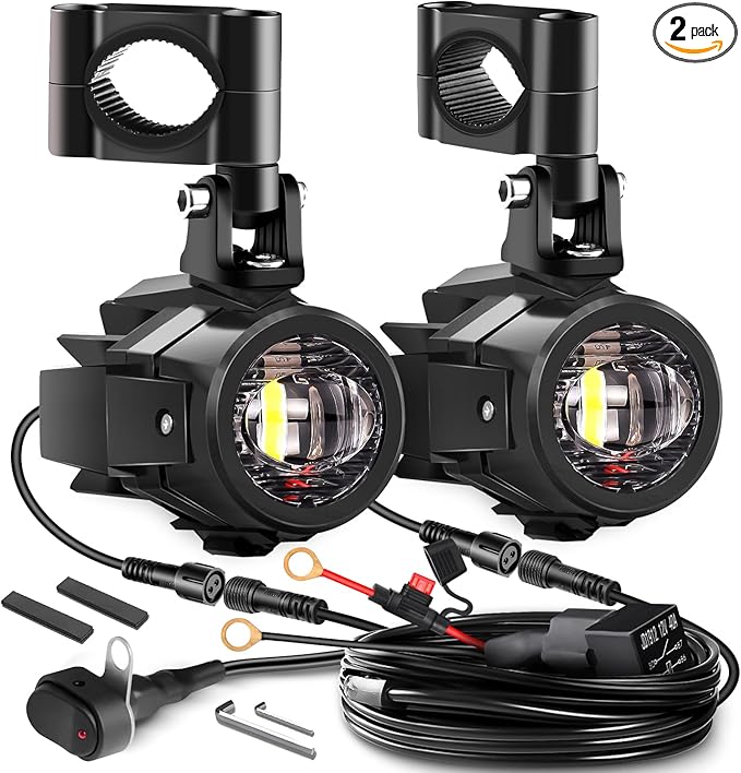 LEDMIRCY Motorcycle Auxiliary Lights, Exploradoras LED para Moto with Switch Wiring Harness Kit Motorcycle Fog Lights IP68 Waterproof Driving Spot Light with Mount Brackets for ATV UTV Snowmobile