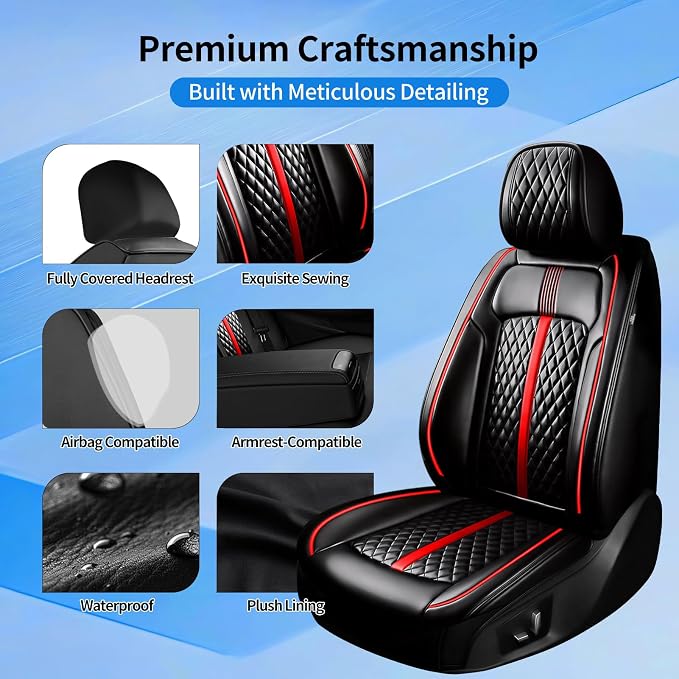 Fit XT5 Car Seat Covers for Select Cadillac XT5 2017-2026 - Premium Full Coverage Leather, Airbag Compatible & Scratch-Resistant, Waterproof & All Weather Seat Protector, Full Set, Red Trim