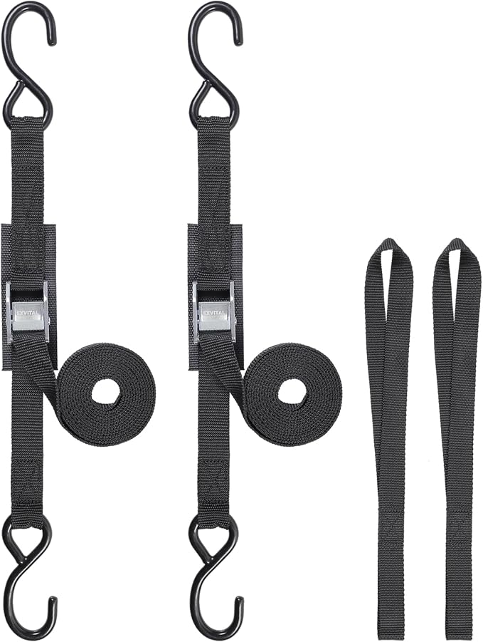 EXVITAL Tie Down Straps with Hook Cam Buckle Straps 1" x 8’ 1200lbs Break Strenght with Extra Soft Loops for Motorcycle, Kayak, ATVs, Dirt Bike, Truck, Car Black 2 Pack