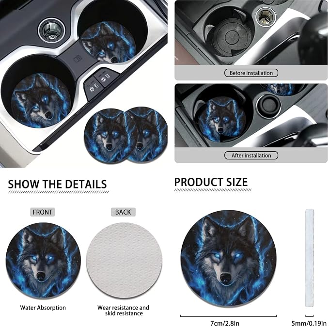 KEIAHUAN Blue Wolf Car Seat Cover Full Set for Men Includes Front and Back Seats Covers Handbrake and Gear Shift Knob Cover Car Headrest Steering Wheel Cover Cup Holder 11 Pcs