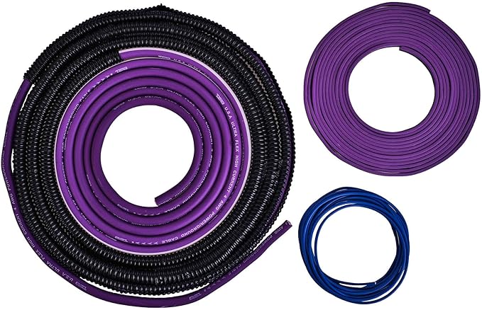 DS18 AKIT4.PU 4-GA Amplifier Installation Kit Up to 1680 Watts RMS, Mini-ANL Fuse Holder, Speaker & RCA Cables, CCA Amplifier Wiring Kit, Ultra Flex Wire, Amp Wire Kit, Amp Wiring Kit 4 Gauge - Purple