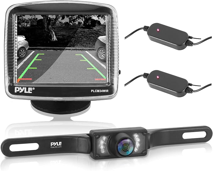 Pyle Wireless Backup Car Camera Rearview Monitor System - Parking & Reverse Safety Distance Scale Lines, Waterproof & Night Vision Cam, 3.5" LCD Screen Video Color Display for Vehicles - (PLCM34WIR)