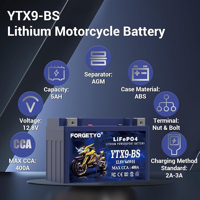 Lithium YTX9-BS, LiFePO4 Motorcycle Battery, 12V 5AH 400A ATV, UTV, Jet Ski, 4 Wheeler,Snowmobile,Tractor and Generator Battery