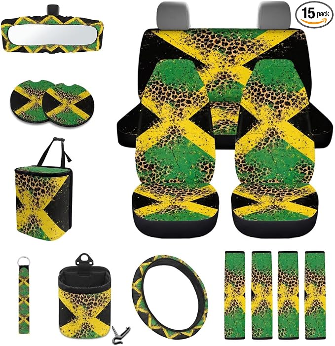 Jamaican Flag Leopard Print Car Front Back Seat Cover Set of 15 Steering Wheel Cover Seatbelt Strap Pad Trash Cans Rearview Mirror Covers Air Vent Storage Holder Coasters Keychain
