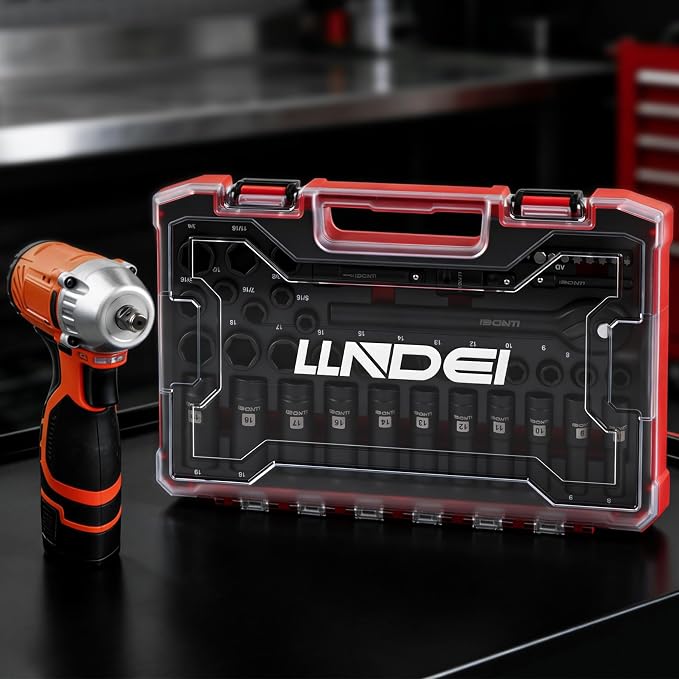 LLNDEI 45PCS 3/8 Inch Drive Impact Socket Set (Metric&Sae) with Transparent Case and EVA Foam Insert, Cr-V Material, for Automotive Engine and Daily Home Repair