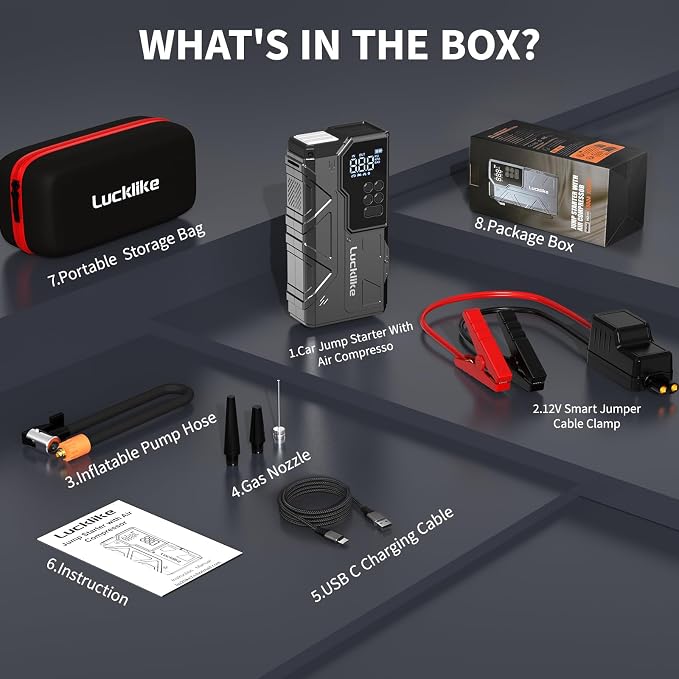 Lucklike Jump Starter with Air Compressor, 6000A 150PSI Car Battery Jumper Starter Portable (All Gas/12L Diesel) 12V Jump Box Car Battery Jump Starter with Tire Inflator, 800LM Light, Jumper Cables