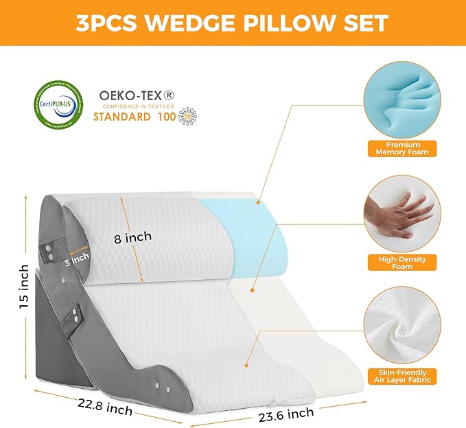 Ruqmuis 3PCS Wedge Pillow Set for After Surgery, Adjustable Back Pillow for Bed Sitting up, Acid Reflux, Bed Wedge Pillow Headboard for Sleeping & Snoring, Orthopedic Pillow for Post Surgery, White