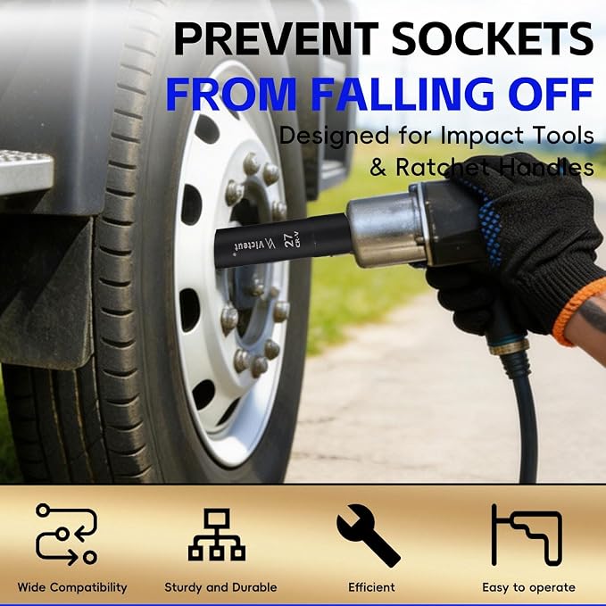 1-Inch Drive 27mm Extra Deep Impact Socket，8-Inch (200mm) Long，6-Point Truck&Trailer&Tractor Wheel Nut Socket, Heat Treated Cr-V Alloy Steel, One-Piece Forged, No Torque Loss