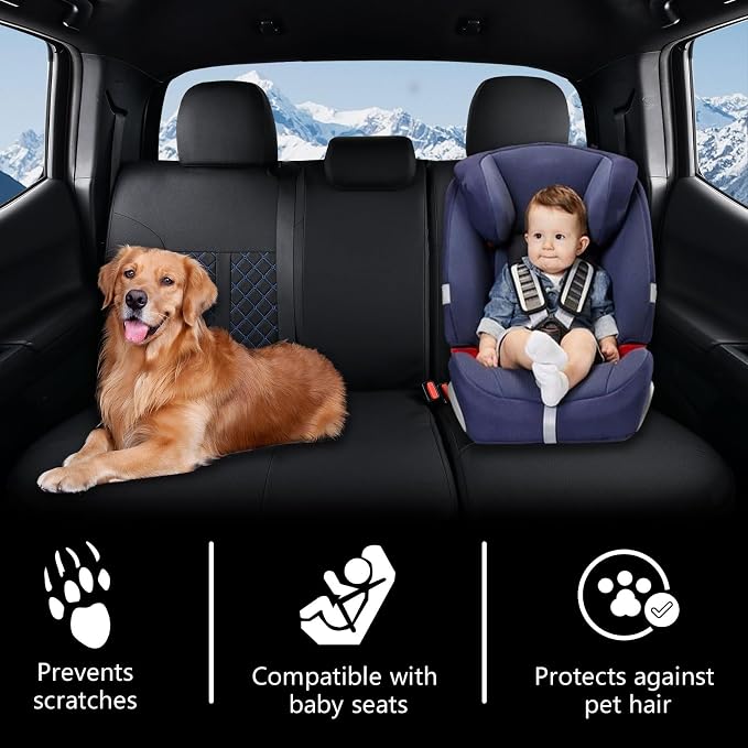 Truckiipa Seat Covers for Tacoma Full Set Leather Truck Seat Covers Waterproof Car Seat Cover Cushion Custom Fit for 2005-2015 Toyota Tacoma Double Crew Cab, Full Set, Black&Blue